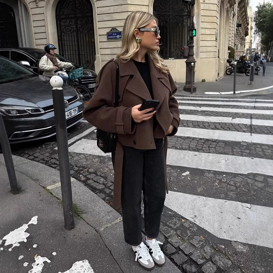Пальто oversize, европейский стиль, для отдыха, коричневый, размеры XS–L, модная свободная посадка