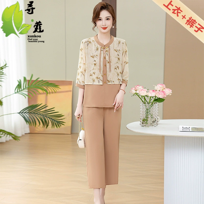 Новый средний и пожилой женский летний тонкий набор моды шифоновая мама набор из двух частей 40-летняя женщина летняя модель 50 лет тонкая