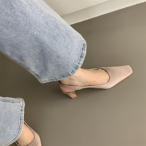 French thick heel black toe sandals fairy shoes 2024 new summer temperament high heels square toe shoes