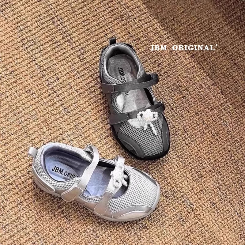 2025 весна и лето новый детский квадратный рот сетчатый серебряный жемчуг спортивная обувь липучка противоскользящая обувь для девочек