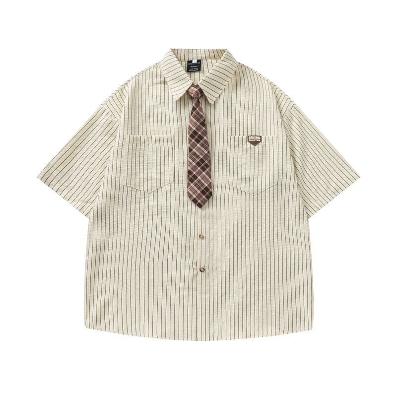 Trendy Brand Vintage Striped Tie Short-sleeved Shirt for Men and Women College Style Loose Casual Tie-free Shirt for Couples