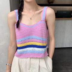 Real shot 2024 summer new style knitted hollow embroidered rainbow stripe contrasting camisole for women purple
