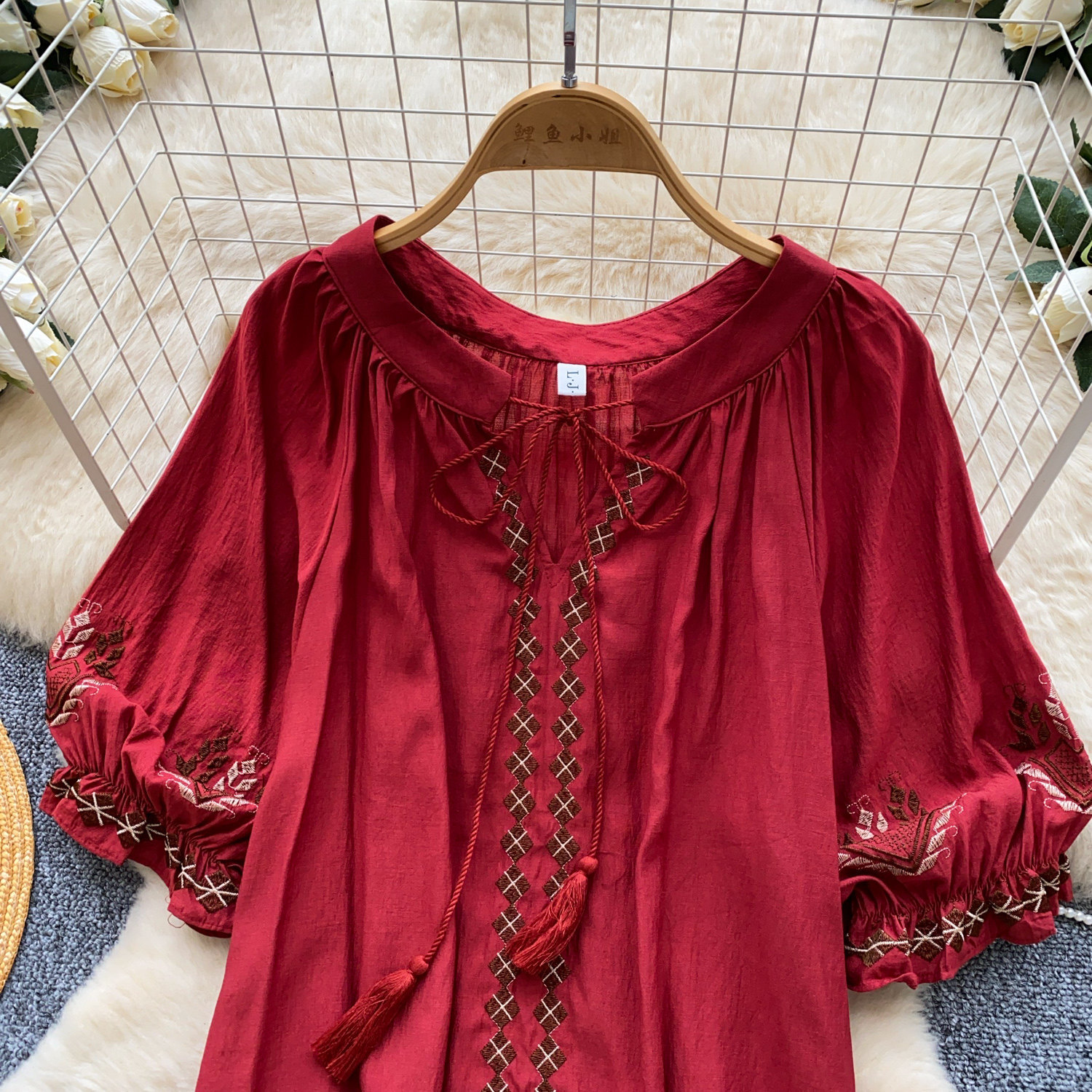 Elegant French Style Blouse for Women Red Embroidered Puff Sleeve Loose Fit Tie Waist Babydoll Top Spring Fashion_ecoleips.com