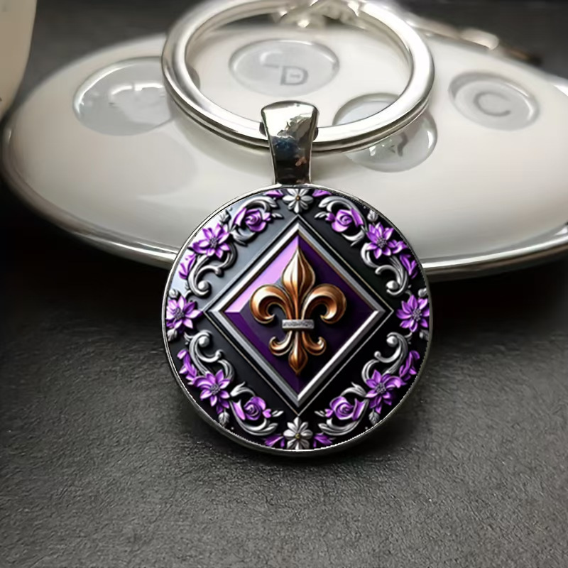 Medieval-Style Luxurious Shield Emblem with Exquisite Heraldic Design and Purple and Silver Vine Pattern, Round Glass Keychain Medieval-Style Luxurious Shield Emblem with Exquisite Heraldic Design and Purple and Silver Vine Pattern, Round Glass Keychain