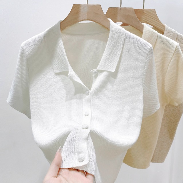 Áo thun polo nữ tay ngắn cổ bẻ chất liệu len lụa mát mẻ — màu trắng chi tiết 10