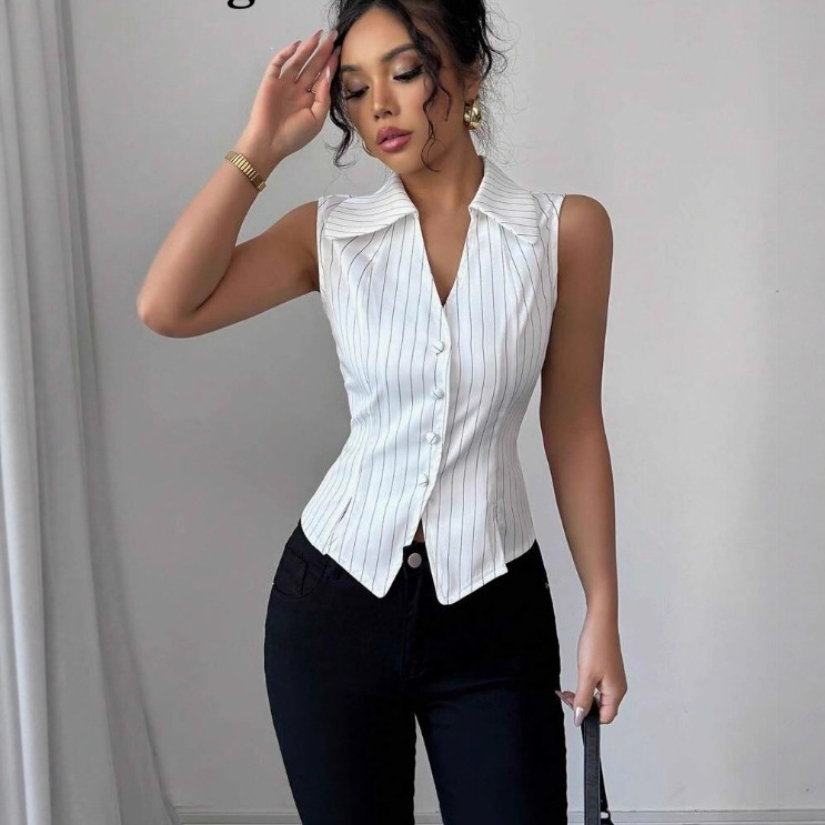 2025 European And American Elegant Fashion Slim Fit Striped Sleeveless Top Shirt_ecoleips.com