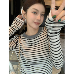 张贝贝ibell经典复古拼色领口针织衫女蚕丝+绵羊毛圆领条纹长袖T