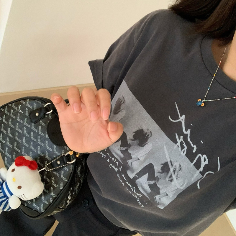 Rock Print T-Shirt, Soft Distressed Washed Gray Cotton Round Neck T-Shirt for Women, New Summer Style Loose Casual Top T-Shirt