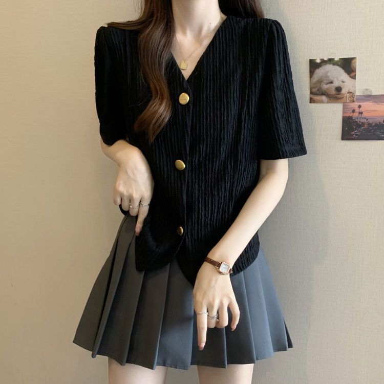 Diseño retro francés sentido irregular camiseta de manga corta verano para mujer nuevo estilo suelto y delgado top de moda de talla grande
