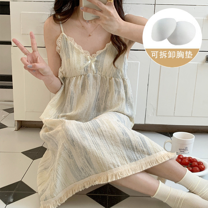 Pijama de verano de mujer dulce colgante cojín de pecho de algodón tejido sexy burbuja tela arrugada bordilla pijama de mujer lindo vestido