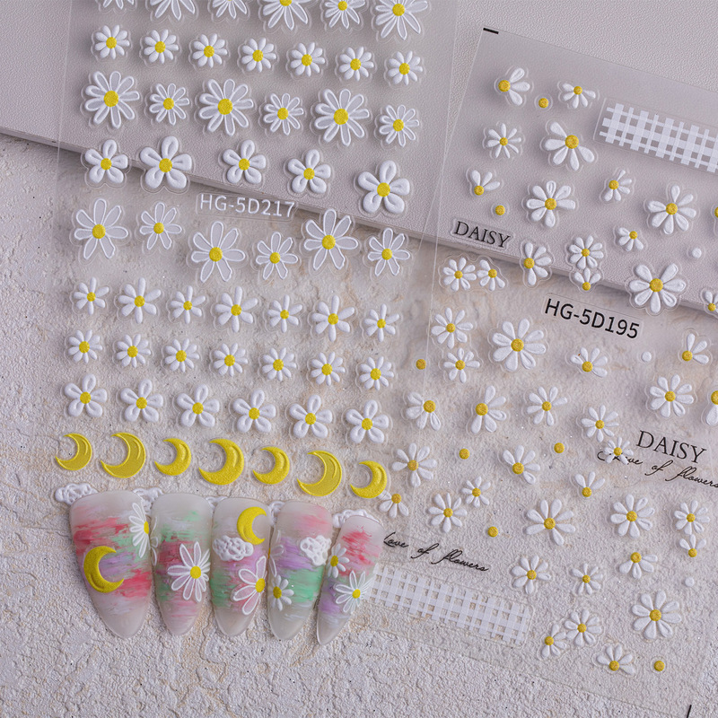 Spring and Summer Small Flower Embossed Nail Art Stickers Oil Painting Daisy Small Floral Nail Decals Hg-5D217