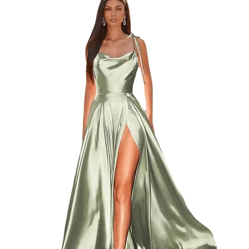 Women's Clothing New Style Evening Dress Sexy Strappy Satin Dress Big Hem Split Square Neck Flowy Long Prom Dress_voghion.com