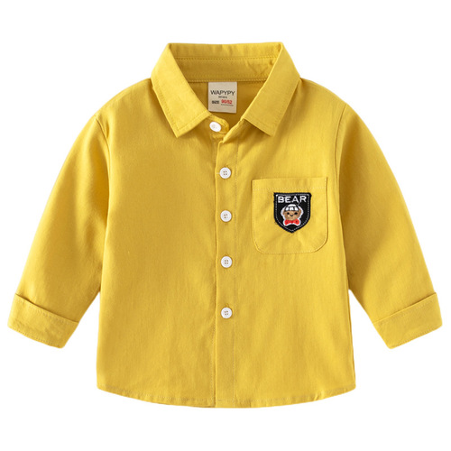 Children's Long Sleeve Shirt Wholesale  New Boys Casual Shirt Korean Style Baby Square Neck Embroidered Pocket Top