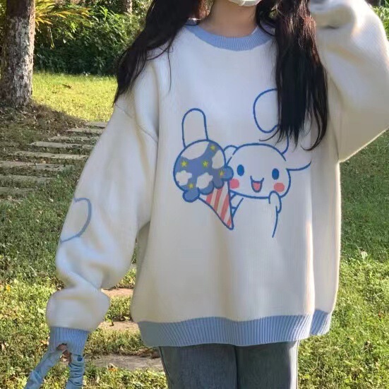 New Japanese Girl Long-Sleeved Pullover Sweater Autumn and Winter Sweet and Cute Round Neck Loose Sweater for Women Versatile