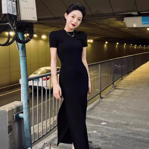 Pure Desire Sexy Slit Little Black Dress Long Dress Summer New Arrival Slimming High-Waisted Slit Reveal Leg Women's Trendy Wholesale