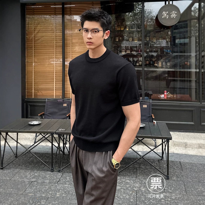 Summer new style old money style knit sweater, solid color, casual, loose, versatile, regular shoulder, round neck, short sleeve T-shirt