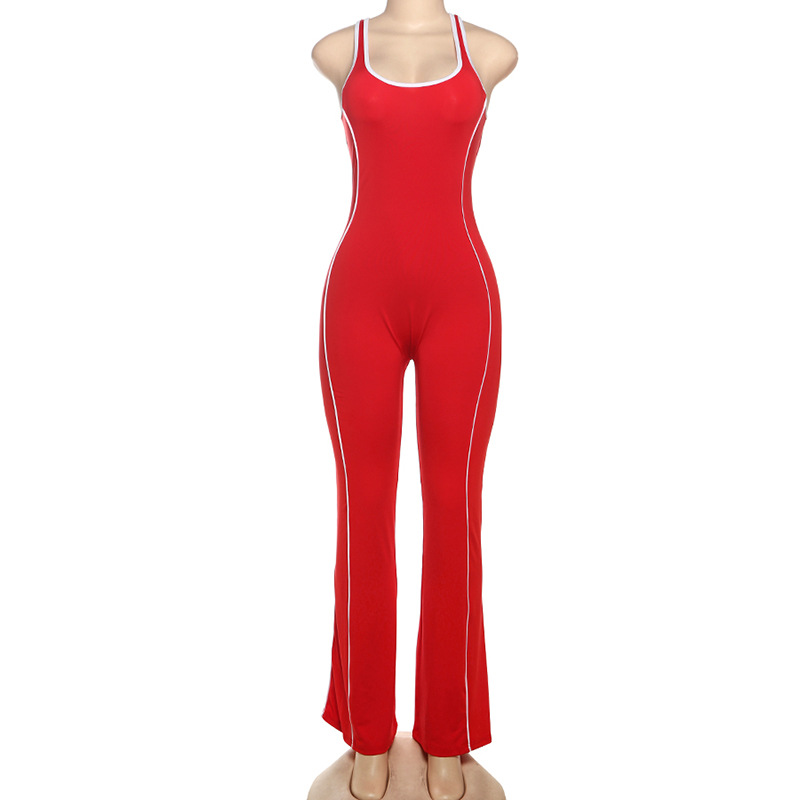 Women's Backless Slim-Fit Yoga Jumpsuit - High Waist Tummy Control Workout Bodysuit With Contrast Color Design For Summer_voghion.com