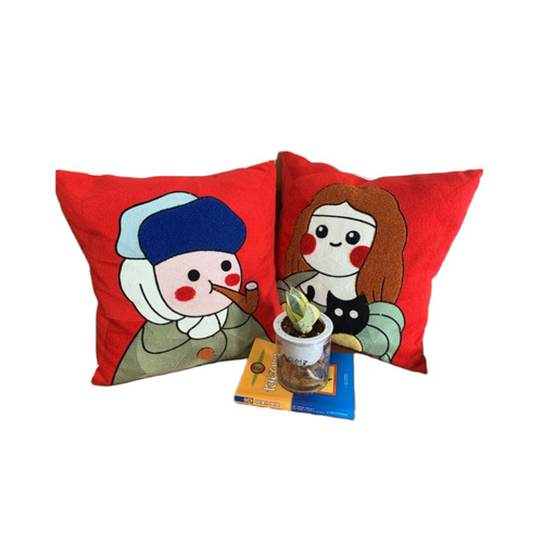 Ins style cream style famous paintings beautiful back embroidery sofa pillow pearl earrings Mona Lisa cotton cushion living room