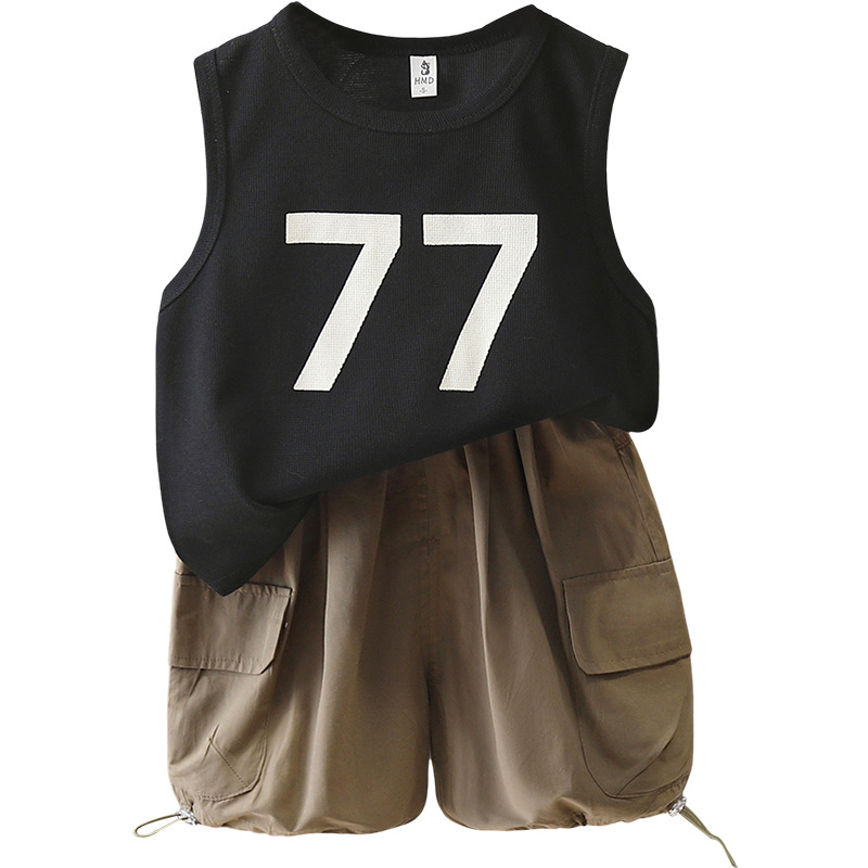 5603 traje de chaleco para niños 2025 nuevos pantalones cortos de herramientas de verano para niños de dos piezas, estilo de verano fresco y atractivo para bebés