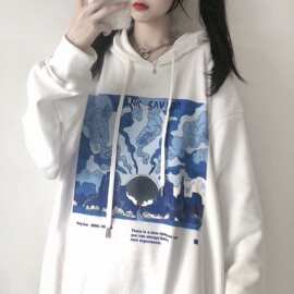 oversize白色国潮卫衣女秋冬薄款美式hiphop蓝色火山情侣加绒外套