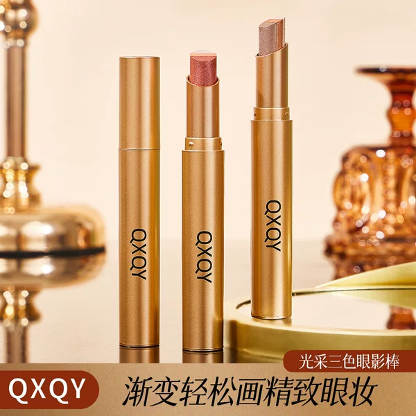 QXQY Luminous Tri-Color Eyeshadow Stick: One-stroke application with pearlescent shimmer for eye makeup definition, long-lasting color, tri-color eyeshadow stick