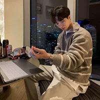 Japanese style lapel sweater men's autum k-styletrendy lazy style easiest for matchstripespullover half-zip knittingoutwear trendy
