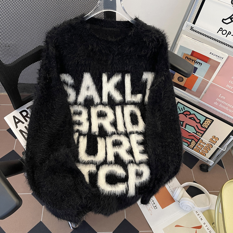 Chinese Style American Letter Mink Fur Couple Sweater Men's Lazy Round Neck Pullover Winter Warm Thickened Knitted Top