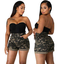 跨境 HSF2438亚马逊专供 欧美时尚修身潮流弹力迷彩牛仔短裤 新款