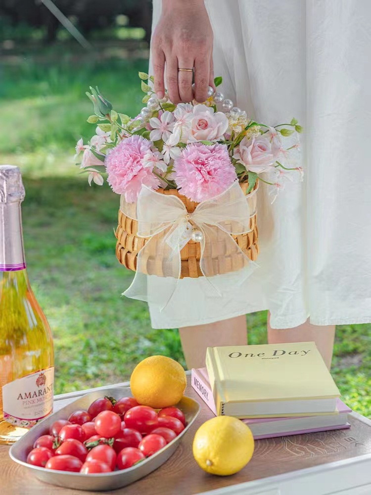1492g Weight Storage Basket Storage & Cleaning 1 Piece Quantity Home Occasion Wood Material Valentine'S Day Festival Bow Knot Pattern Pastoral Style Pastoral Bow Knot Wood Storage Basket 1