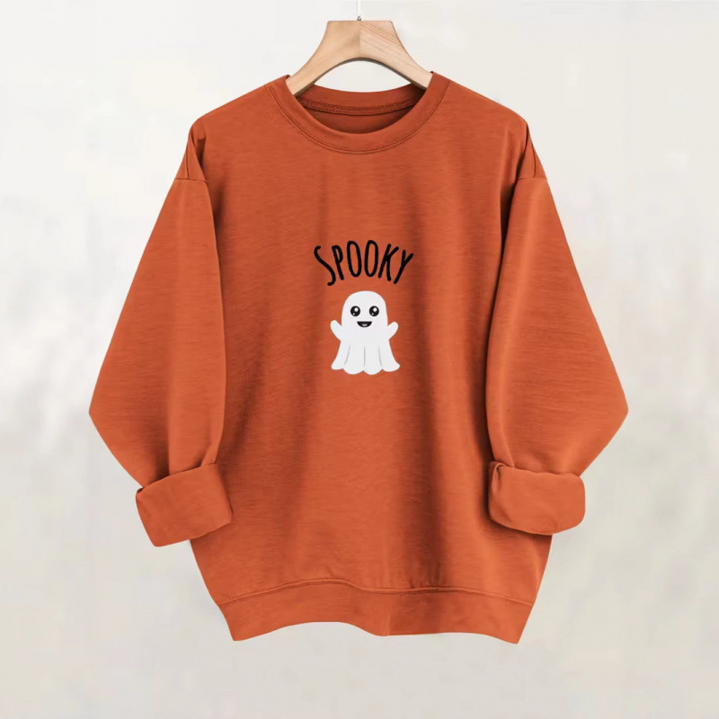 European sizes S-3XL cross-border JIT Halloween Ghost SPOOKY letter print crew neck sweatshirt with fleece lining, long sleeve for women