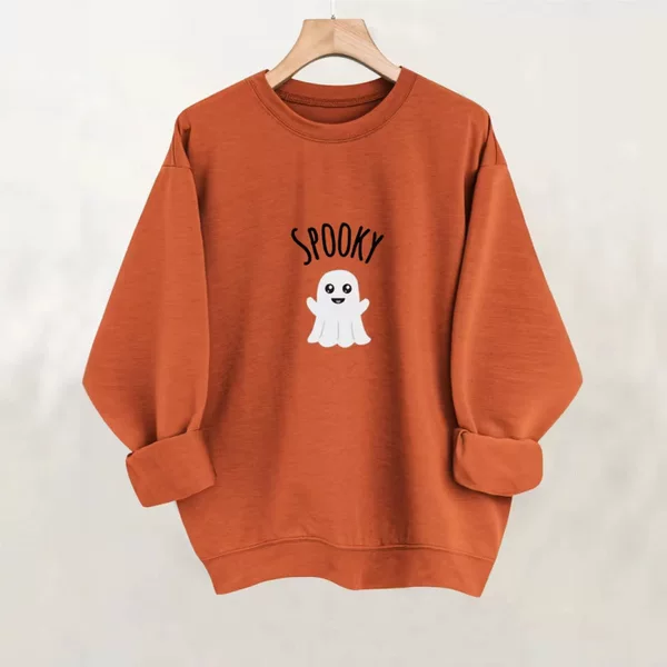 European sizes S-3XL cross-border JIT Halloween Ghost SPOOKY letter print crew neck sweatshirt with fleece lining, long sleeve for women