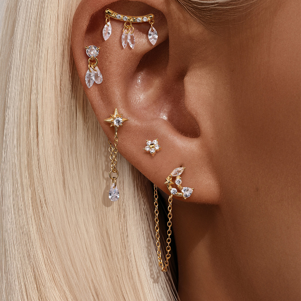 925 Sterling Silver Ear Needle Material Zircon Inlay Material Ear Studs Classification 1 Piece 925 Sterling Silver Star Moon Flower Zircon Ear Studs
