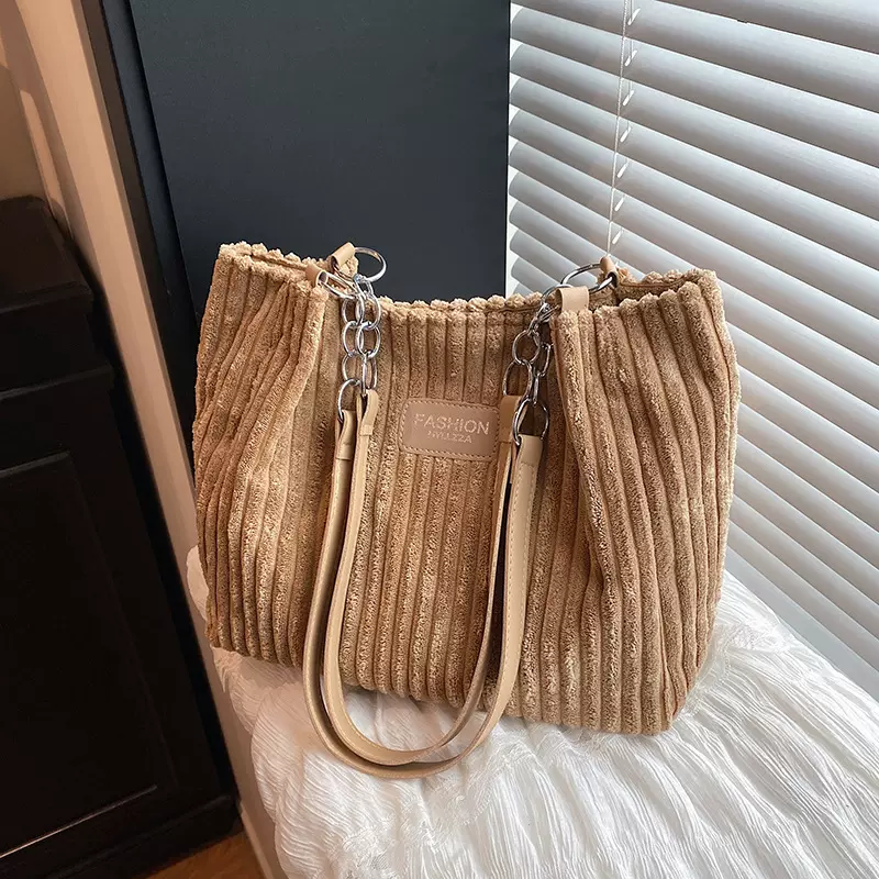 大容量条绒链条腋下包托特包女包2025跨境秋季潮流单肩通勤包爆款