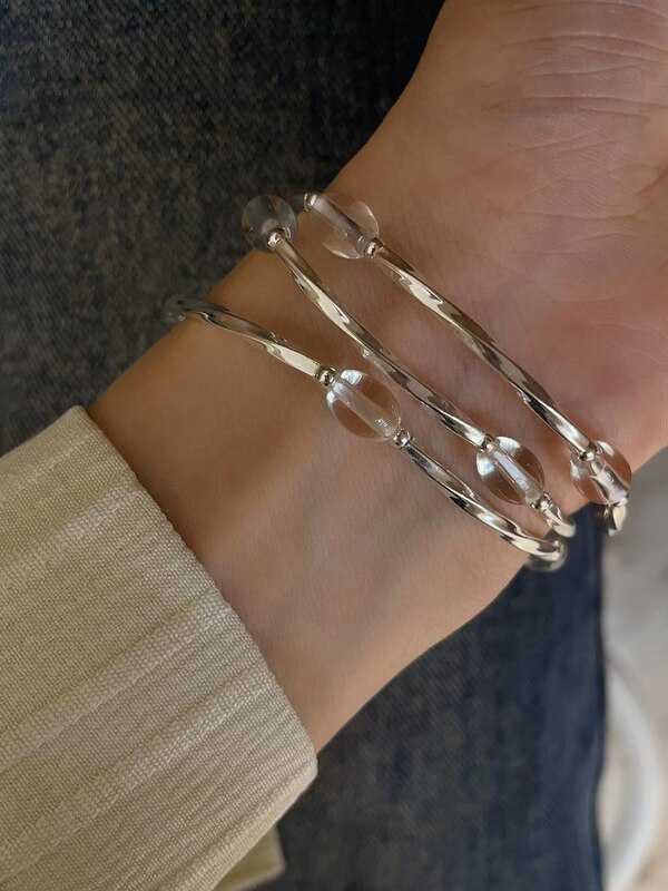 S925 silver fresh little red book popular single-layer double-layer three-layer White Crystal stitching silver tube sterling silver bracelet