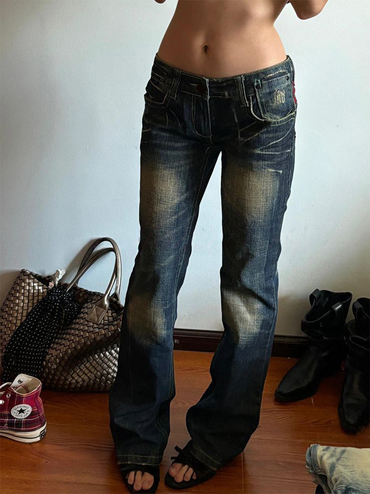 ​​Vintage Low-Rise Distressed Jeans For Women - Y2k Style With Heavy Embroidery, Baggy & Long Straight Leg Denim Pants​​_ecoleips.com