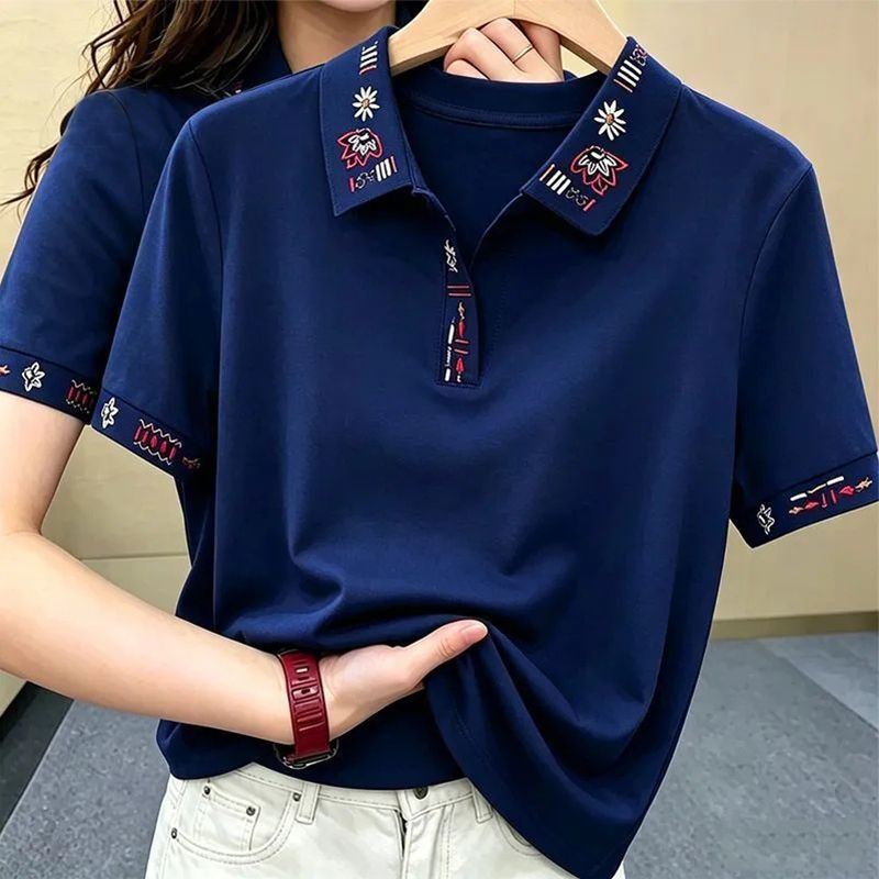 Combed Cotton 95% Cotton 5% Spandex Trendy Versatile Stylish Lapel Slimming Summer Fashion Design Embroidered Short-Sleeve T-Shirt for Women Combed Cotton 95% Cotton 5% Spandex Trendy Versatile Stylish Lapel Slimming Summer Fashion Design Embroidered Short-Sleeve T-Shirt for Women