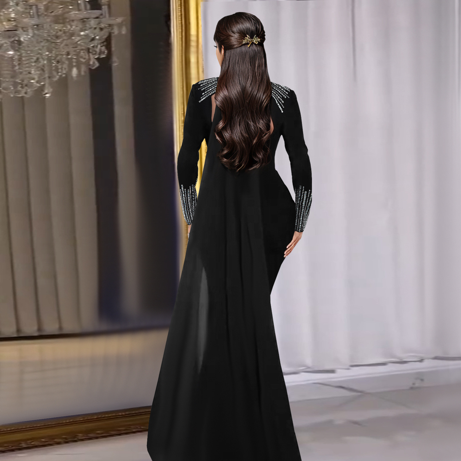C7381 Cross-border AliExpress Amazon Ropa de mujer de moda europea y americana Elegante perspectiva Vestido ajustado de manga larga de diamantes calientes image 4