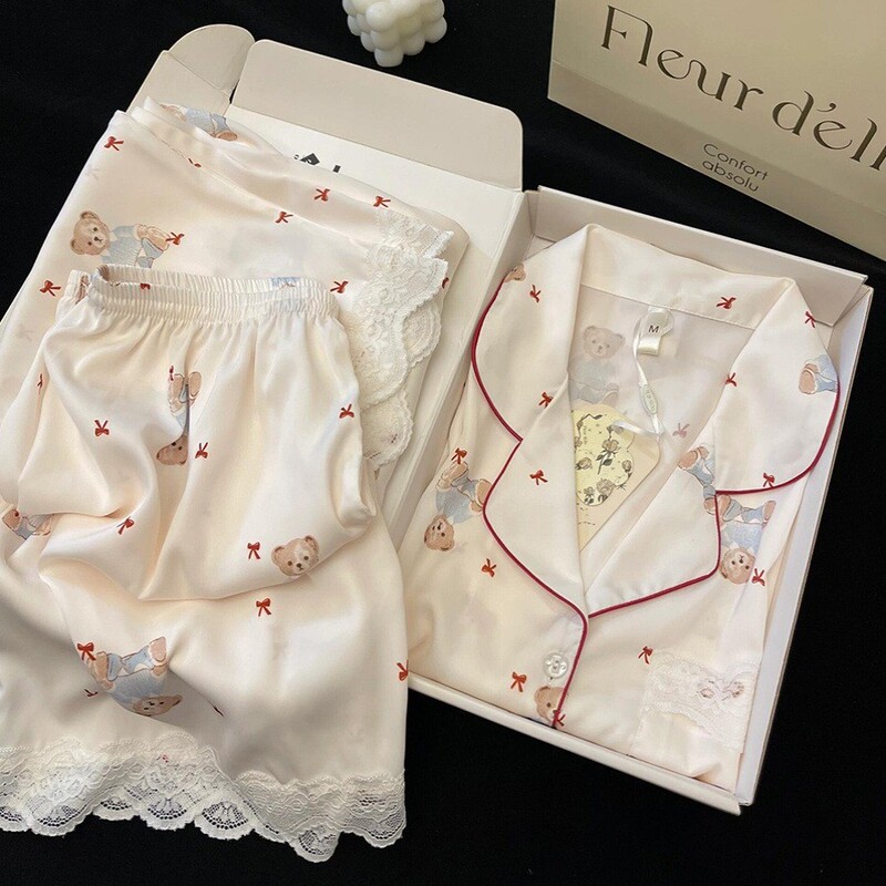 Foreign Style Cute Bear Printed Ice Silk Short Sleeve Pajamas Women's Summer New Sweet Lace Shorts Home Clothes suit Foreign Style Cute Bear Printed Ice Silk Short Sleeve Pajamas Women's Summer New Sweet Lace Shorts Home Clothes suit