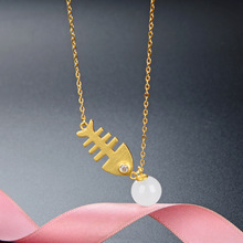 新品S925纯银镶玉古法金项链女时尚小众鱼骨吊坠项饰女银饰批发