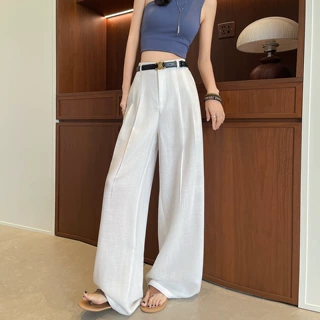 白色亚麻棉麻阔腿裤女夏季薄款高腰垂感老钱风西装直筒休闲裤