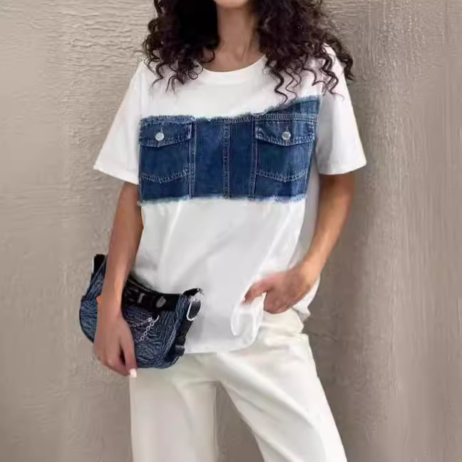 Abbigliamento da donna, maglietta in denim con cuciture, pantaloni Xiuxian, completo da due pezzi_voghion.com