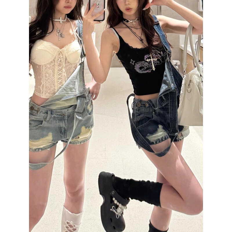 Ripped Denim Overalls Shorts for Women 2025 Summer New Sweet and Cool Sexy Hot Pants with Large Size Design Ripped Denim Overalls Shorts for Women 2025 Summer New Sweet and Cool Sexy Hot Pants with Large Size Design