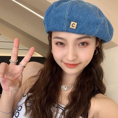 日系百搭牛仔大头围贝雷帽女春秋新款韩版圆脸复古网红八角画家帽