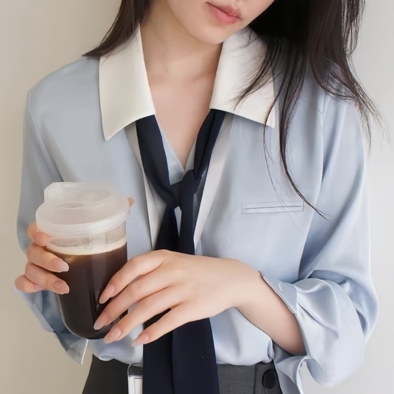 Lost and Foun Contrasting Light Blue Matte Satin Collar with Vertical Stripes and Ribbon, Bow Tie Long-Sleeve Shirt with an Elegant Vibe