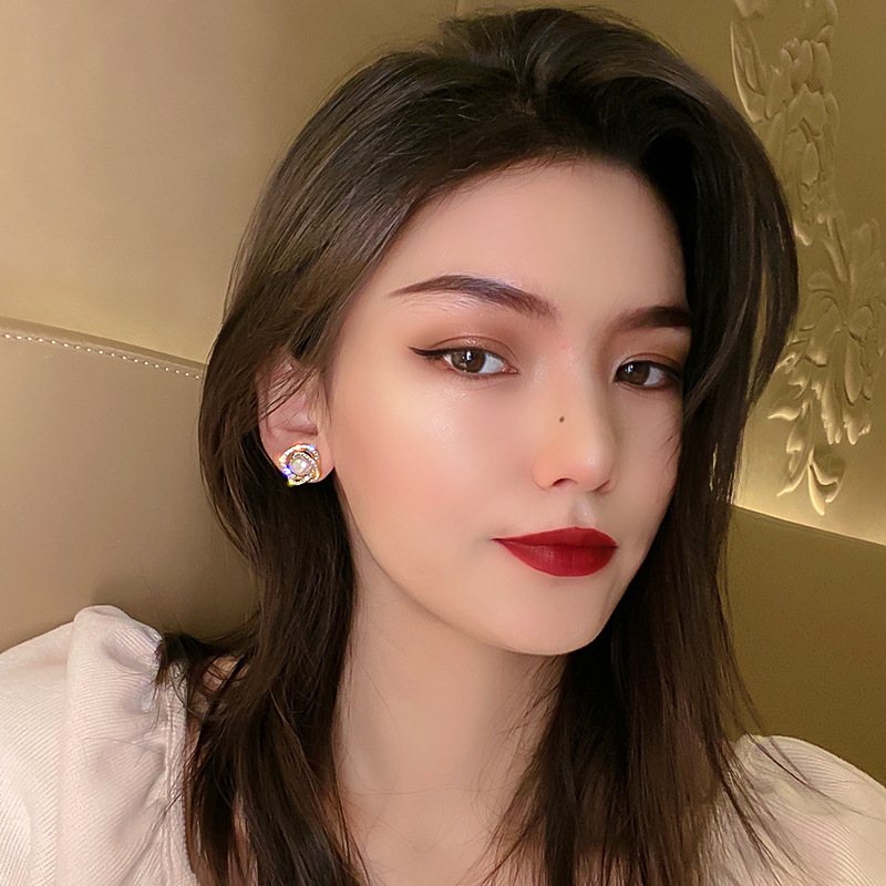 Corea Del Sur Dongdaemun simple moda pendientes de moda pendientes elegantes para las mujeres 925 aguja de plata doble anillo perla Rhinestone pendientes