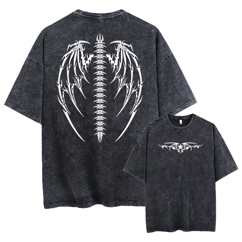 Acid-Washed Heavyweight T-Shirt, Large Size, Street-Style Cotton Gym Print Loose T-Shirt, Wings Workout Retro Floral T-Shirt for Men