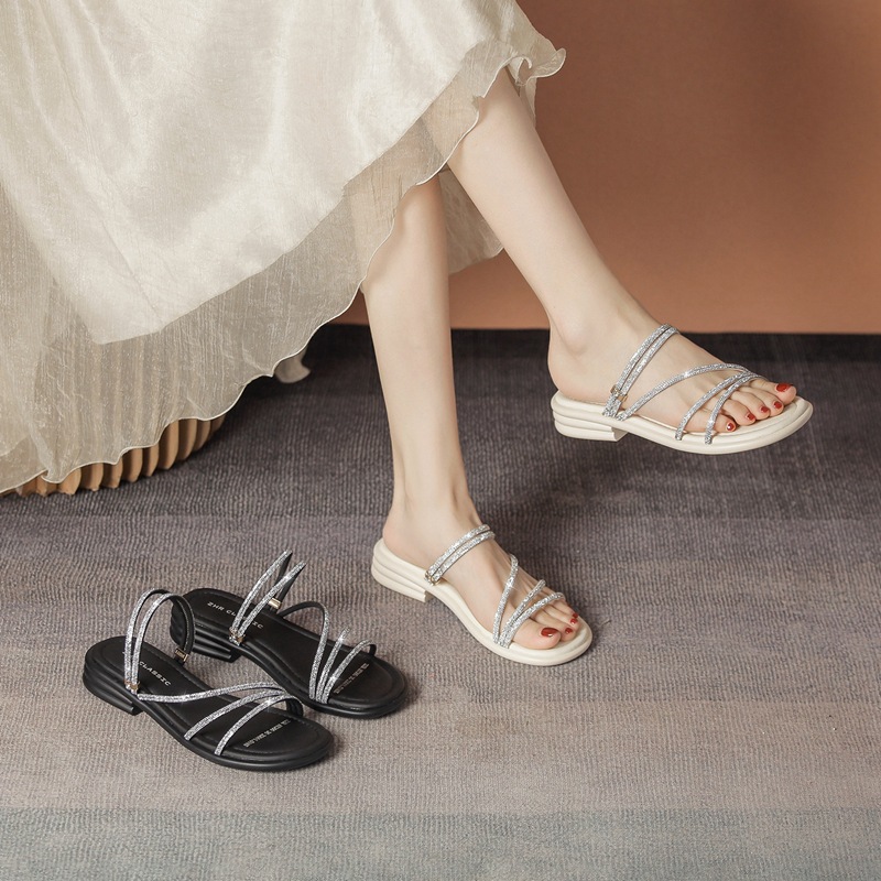 Sandal nữ đế bệt quai mảnh đính đá phong cách Pháp, dáng xăng đan hai kiểu — AY380 Đen