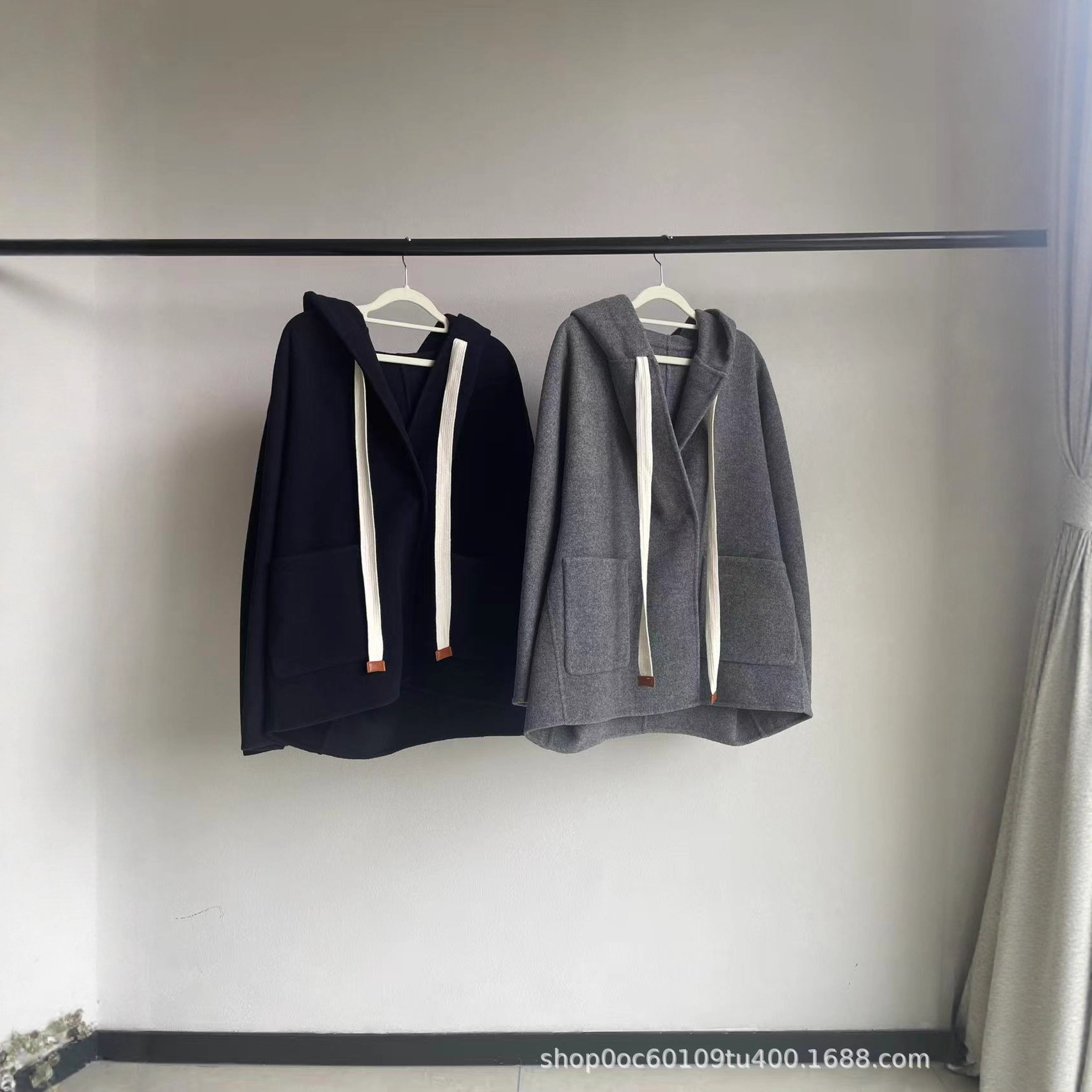 Merino Wool Cocoon Double-Sided Woolen Hooded Outwear 25 Autumn and Winter New Contrast Color Drawstring Loose Mid-Length Outwear