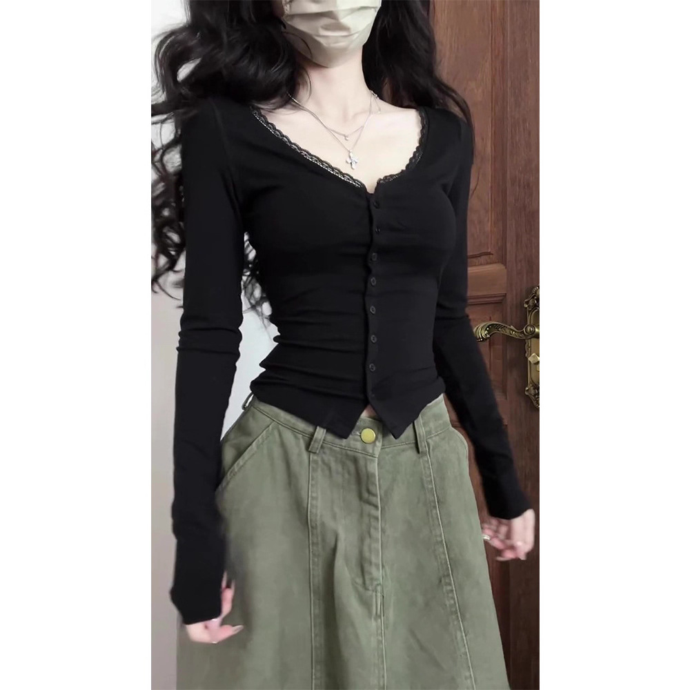 Ins Sexy Pure Desire V Neck Lace Button V Neck Long-Sleeved T-Shirt Women's Spring & Fall Slim Short Bottoming Top Women's T-Shirt