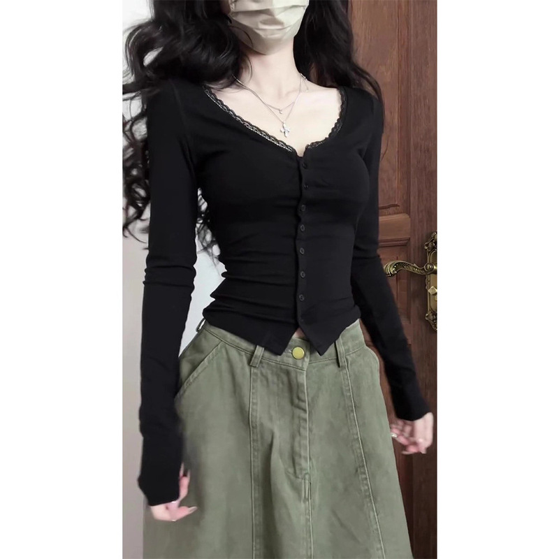 Ins Sexy Pure Desire V Neck Lace Button V Neck Long-Sleeved T-Shirt Women's Spring & Fall Slim Short Bottoming Top Women's T-Shirt Ins Sexy Pure Desire V Neck Lace Button V Neck Long-Sleeved T-Shirt Women's Spring & Fall Slim Short Bottoming Top Women's T-Shirt